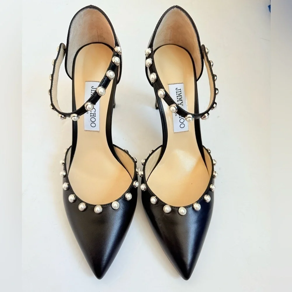Jimmy Choo Black Nappa Leather Leema 85 pearls Mary Jane pumps EU 40